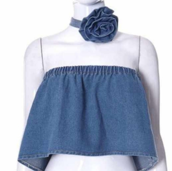 Denim Rose Tube Top & Choker Set – Y2K Vibes! OS - Picture 2 of 5